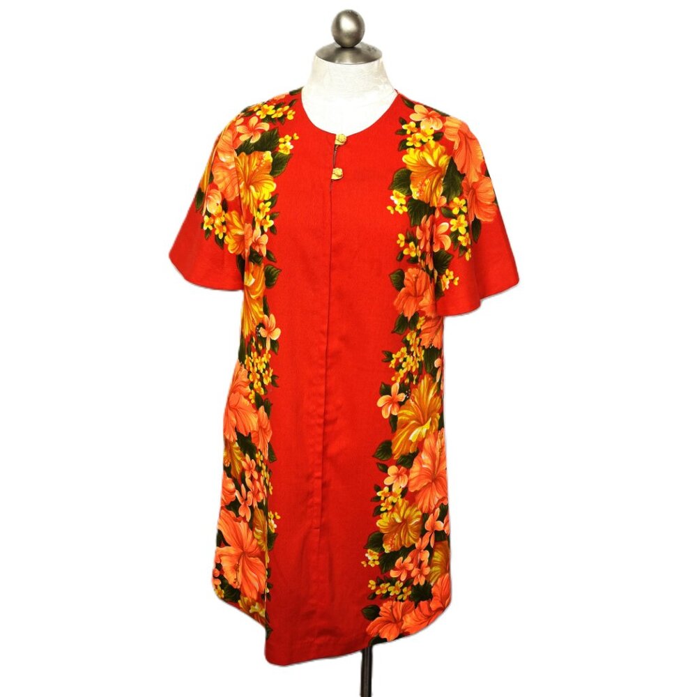 Vintage 60's HAWAIIAN TOGS Floral Aloha Hawaiian Midi Red Cotton Dress